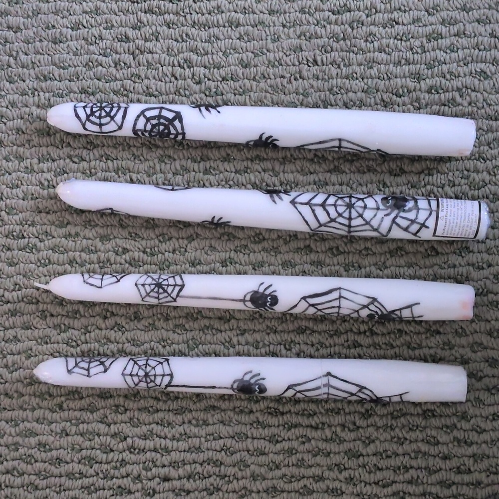 Spider Web Halloween Candles. White/Black - Set of 4 Never Used.